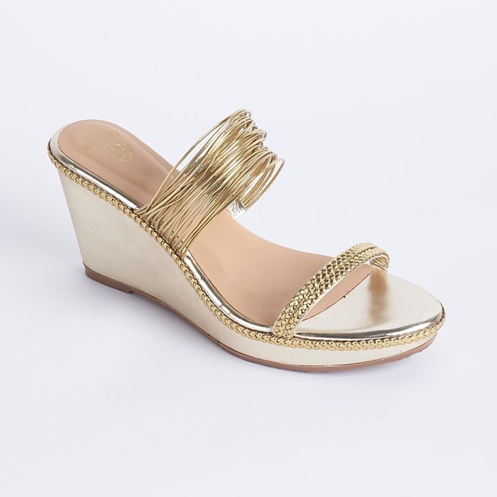 Crimzon x Hemant Trevedi Gold Faux Leather Strappy Wedges 3.25 inch heels